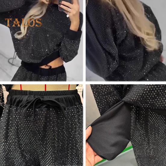 2 Pcs/Set Women Top Pants Suit Sequin Round Neck Long Sleeves with Elastic Cuffs Elastic High Waist Wide Leg Trousers Set Daily Casual Commuting