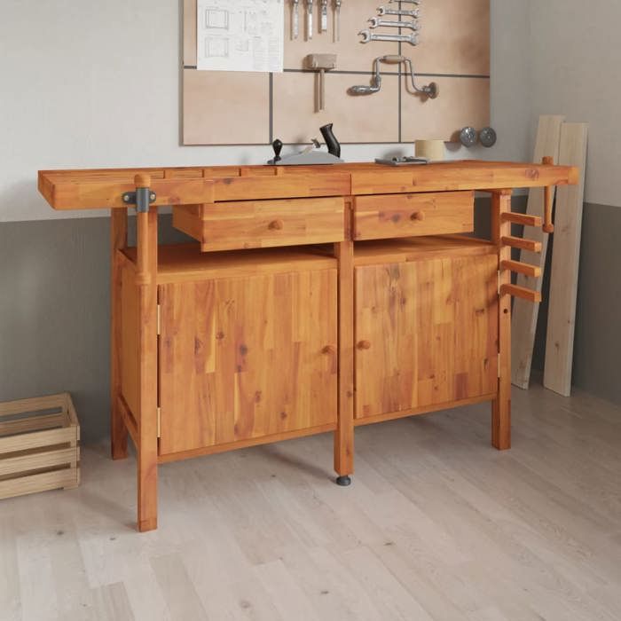 VidaXL Workbench with Drawers and Vises 162x62x83 Cm Solid Acacia Wood 153324