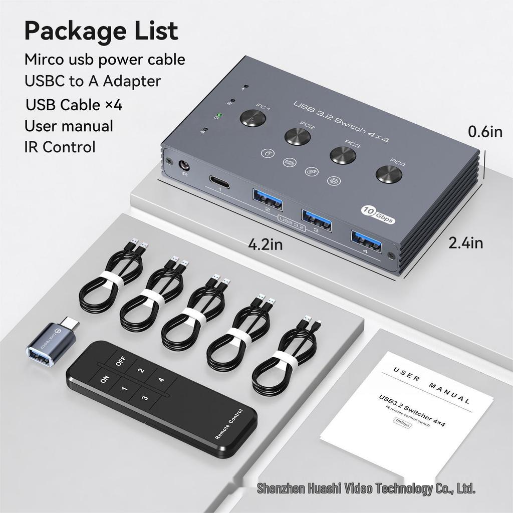 USB 3.2 Switch: 4 USB-A inputs, 3 USB 3.2 outputs, 1 USB-C output with Hub.