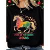 European Size Women'S Black T-Shirt | Colorful Year of The Horse Pattern, Soft and Breathable for Autumn and Winter, Casual Wear, Holiday Celebration