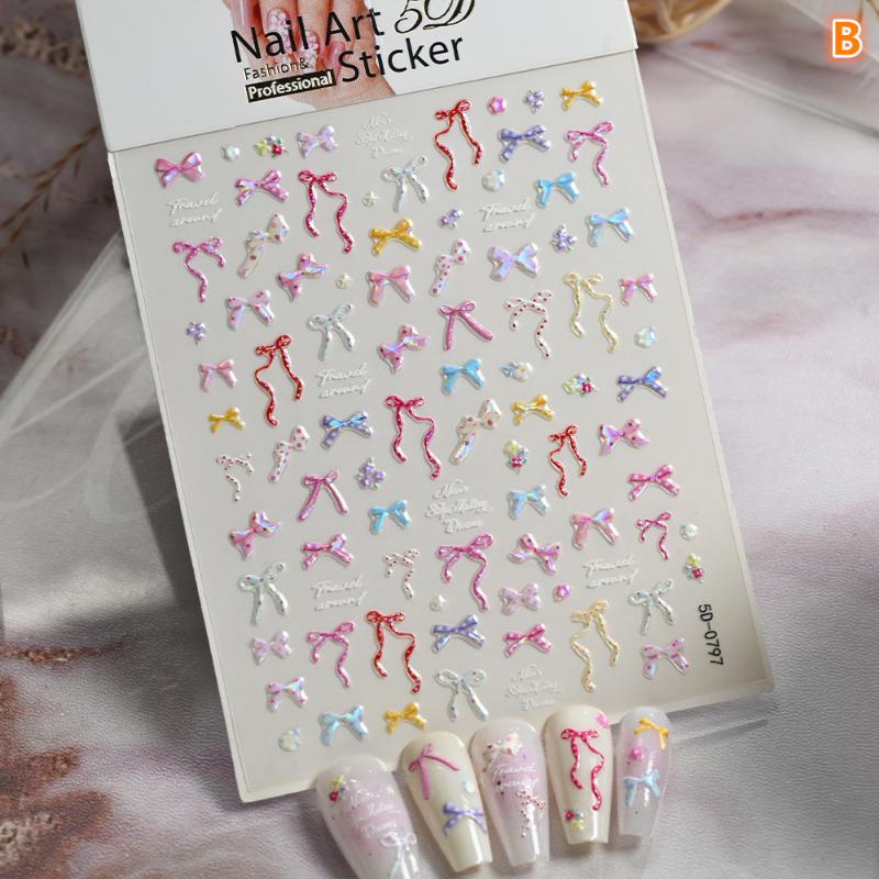 1 Sheet 3D Spring Flower Series Nail Stickers Colorful Rose Bouquet Nail Decal Self-Adhesive Daisy Ribbon Bow Manicure Sticker
