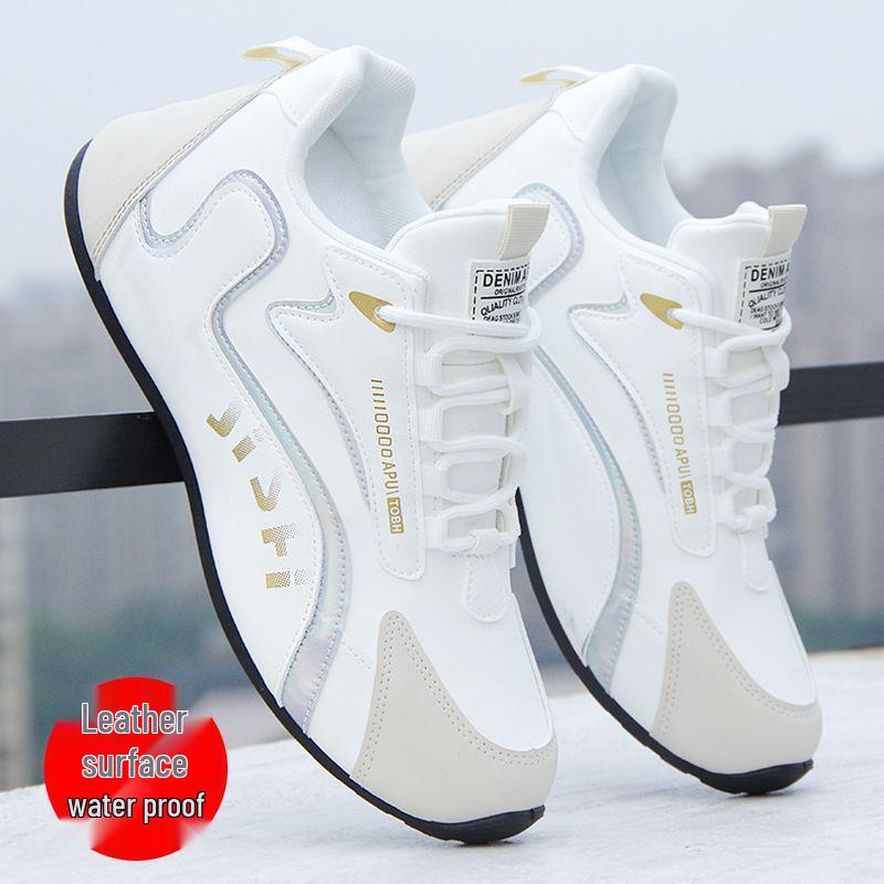 Men’s Trendy Korean-Style White Leather Sports Shoes - Comfortable, Height-Boosting, Soft Sole Casual Sneakers