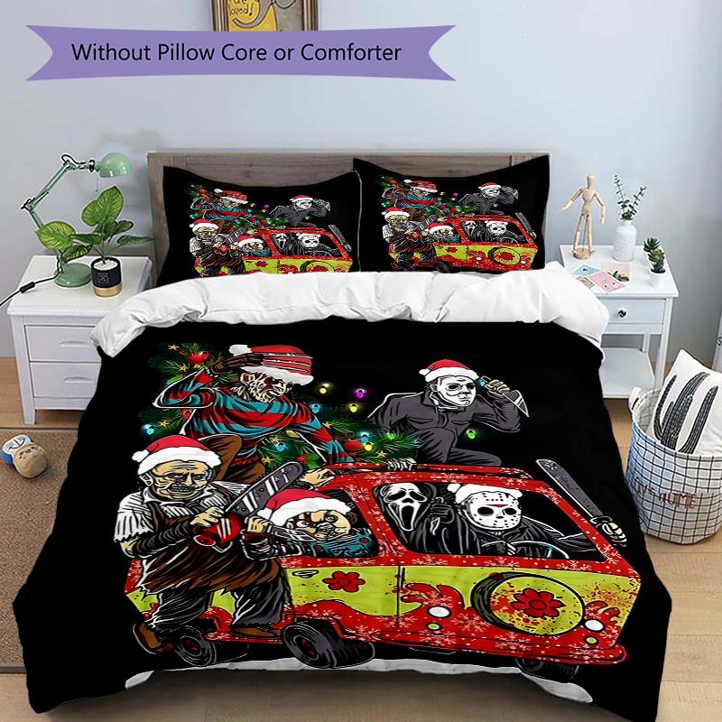 

3pcs Christmas Horror Icons Quilt Cover Set (1 Quilt Cover + 2 Pillowcases Without Pillow Core), High-Definition Printing for Home and Dormitory. 135x200cm