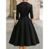 Damen Vintage V-Ausschnitt Langarm Wickel Taille A-Linie Midi-Kleid mit Taschen