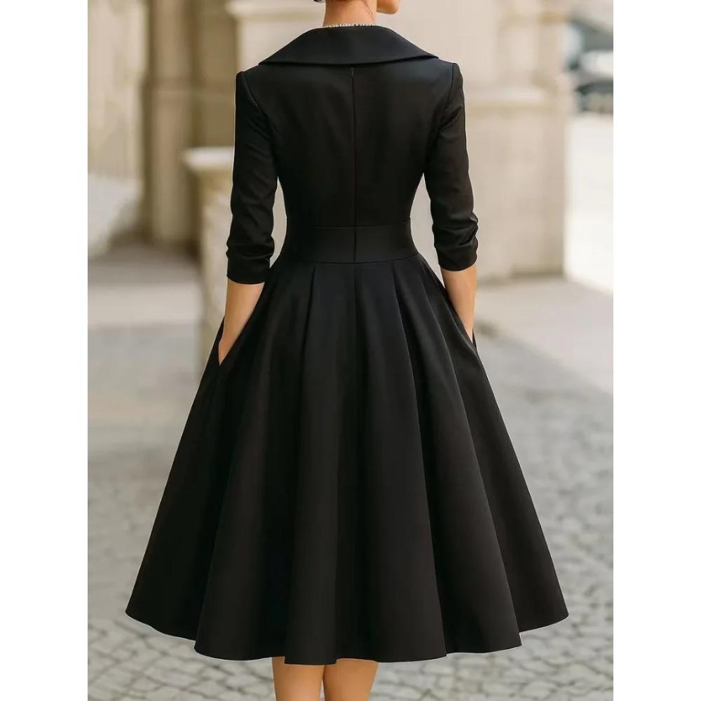 Damen Vintage V-Ausschnitt Langarm Wickel Taille A-Linie Midi-Kleid mit Taschen