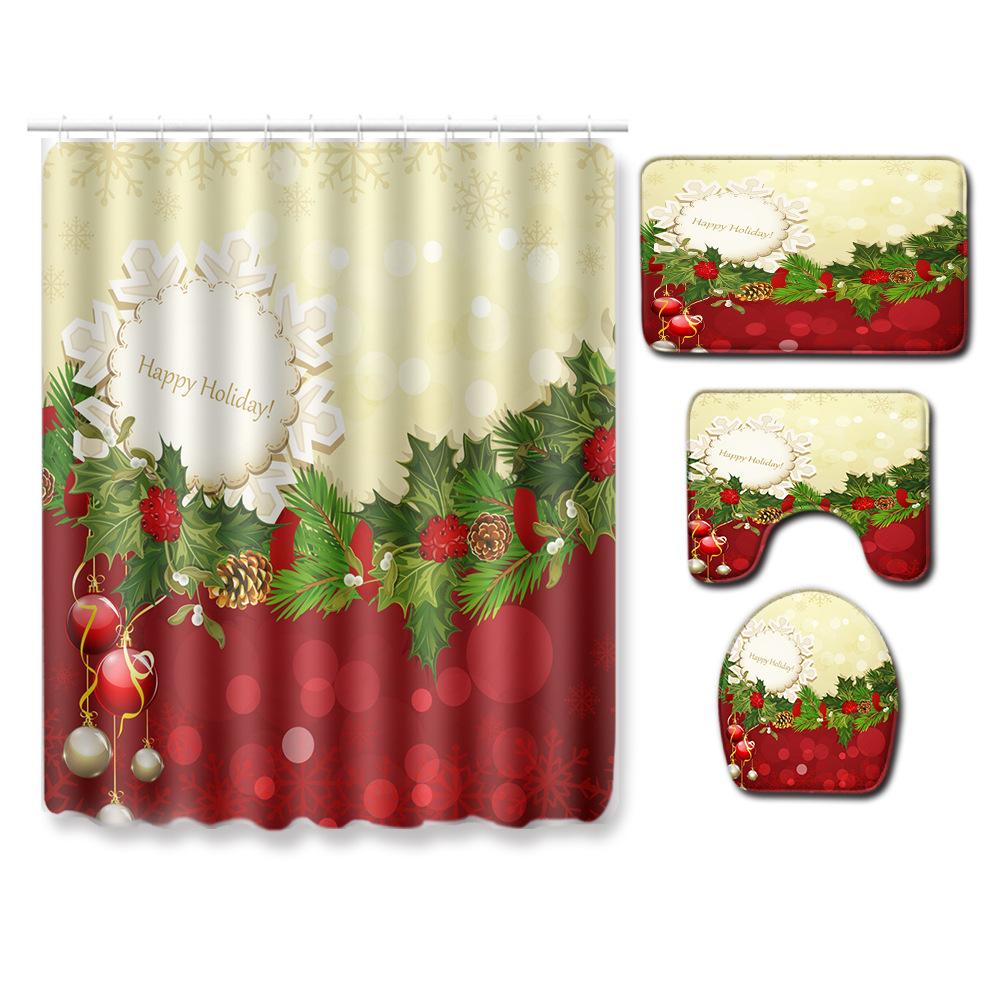 Christmas Shower Curtain Floor Mat Combination Four-Piece Set Bathroom Toilet Carpet Shower Room Mat Foot Mat
