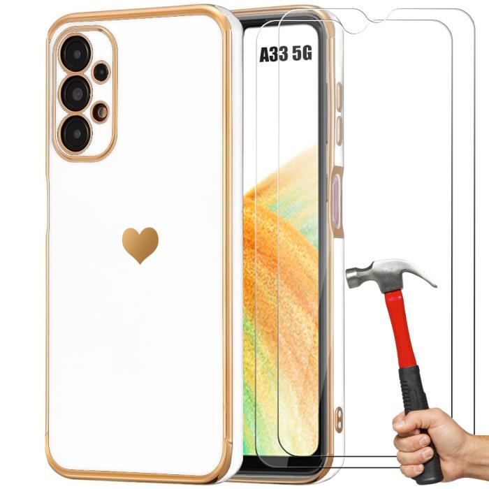 Case for Samsung Galaxy A33 5G - White - Heart Pattern - 2 Tempered Glasses - Scratch-Resistant - Shockproof