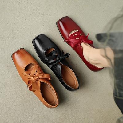 Fashion 2025 New Spring Women Pumps Shoes for Women Square Toe Chunky Heel Shoes Low Heel Genuine Leather Loafers Retro Women Mules