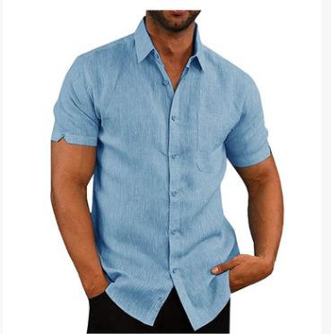 Summer lapel button-down men's solid color short-sleeved linen shirt