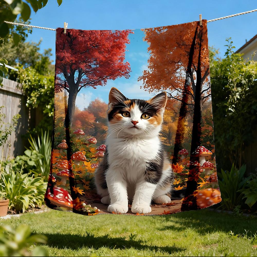 1pc Autumn Forest Cat Print Outdoor Soft Polyester Flannel Throw Blanket Versatile for All Seasons , Soft , Cozy , Warm All Season Quilted Throw , 80x120cm