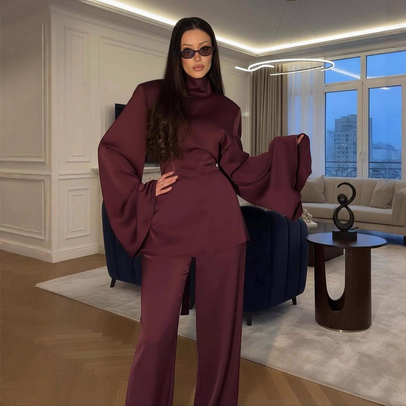 2025 Cross-border European and American women s clothing Amazon turtleneck flared sleeve casual top waist casual, straight pants XS бордовый