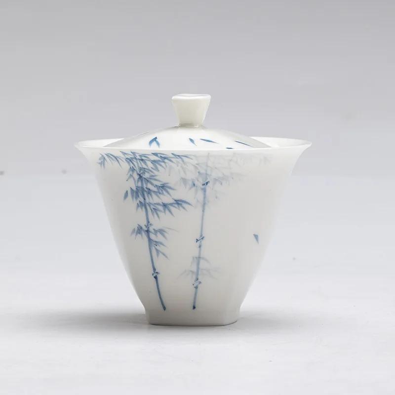 

160ml Jade Clay White Porcelain Hand-painted Blue and White Bamboo Gaiwan Chinese Style Simple Tea Making Bowl