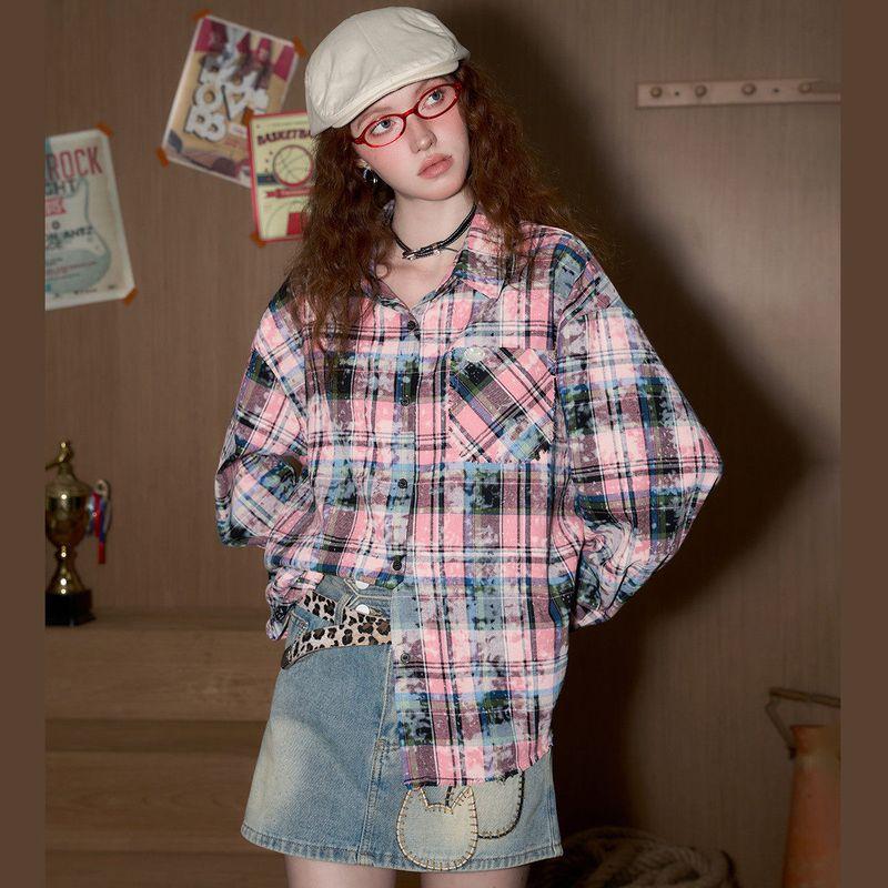 Coolhut American Retro Distressed Tie-Dye Plaid Long-Sleeved Shirt for Women 2025 New Loose Jacket