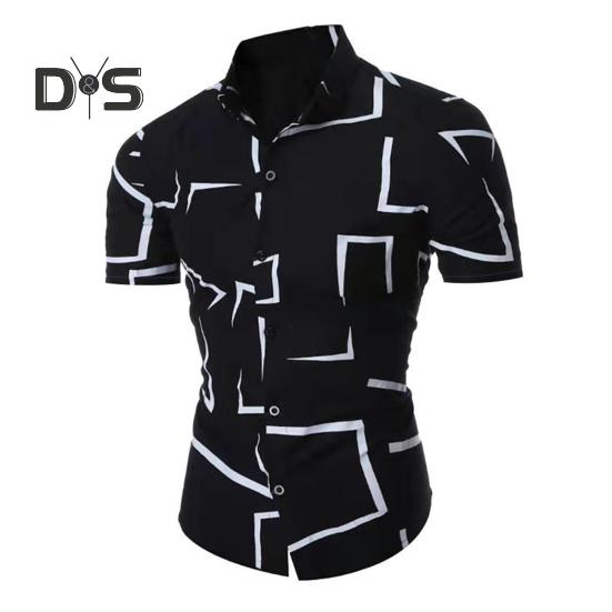 Summer Men Shirt Geometric Printing Single-breasted Short Sleeves Slim Fit Top Turn-down Collar Mid Length Contrast Color Shirt
