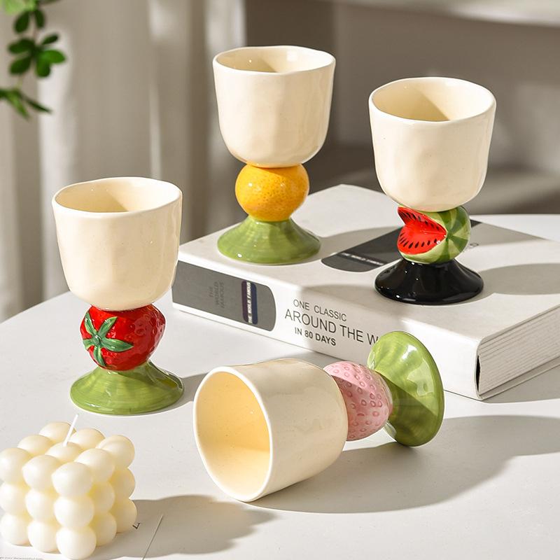 Pocal Japonez Pictat Manual în Formă de Fruct, Cană Ceramică de Ținut în Mână, Ceașcă de Cafea Exquisită, Pahar de Apă cu Pepene Verde, Cupă de Desert cu Căpșuni