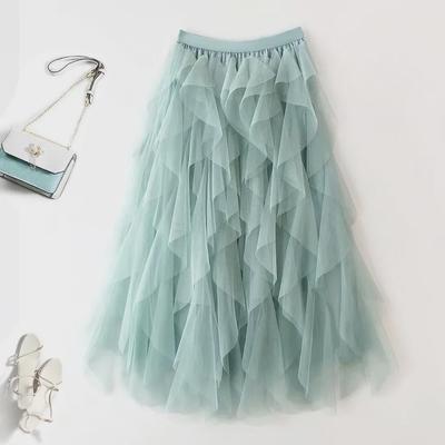 Falda de malla con volantes y cintura alta en forma de A: estilo primaveral y abullonado para mujer