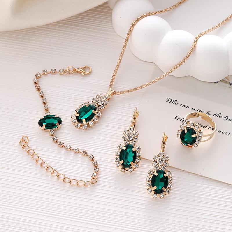 European & American Trendy Diamond Teardrop Jewelry Set: Necklace, Ring, Bracelet, Earrings