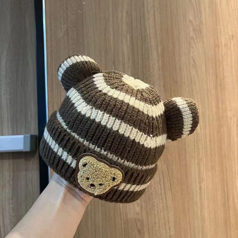 Autumn and winter children's warm hat cute striped bear hat baby double ball knitted hat men's and women's treasure hats