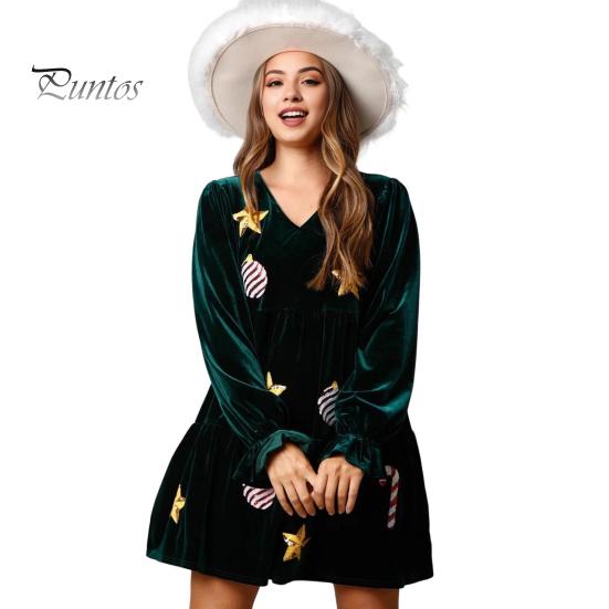 

Женское рождественское платье Праздничное принт со звездами в стиле пэчворк с блестками А-силуэта Плиссированное V-образным вырезом с длинными рукавами и оборками Бархатное вечернее новогоднее мини-платье XL темно-зеленого