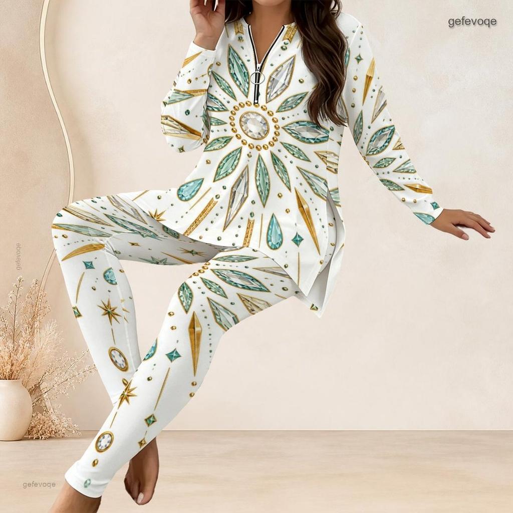 Women Plus Size Two Piece Pants Set Half Zip Neck Long Sleeve Printed Longline Top Fitted Pants Black White