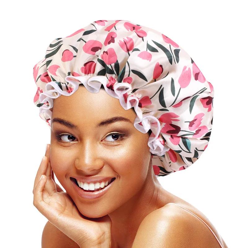 Large Lace Satin Anti-fume Cap PE Lined Waterproof Shower Cap Beauty Home Cap