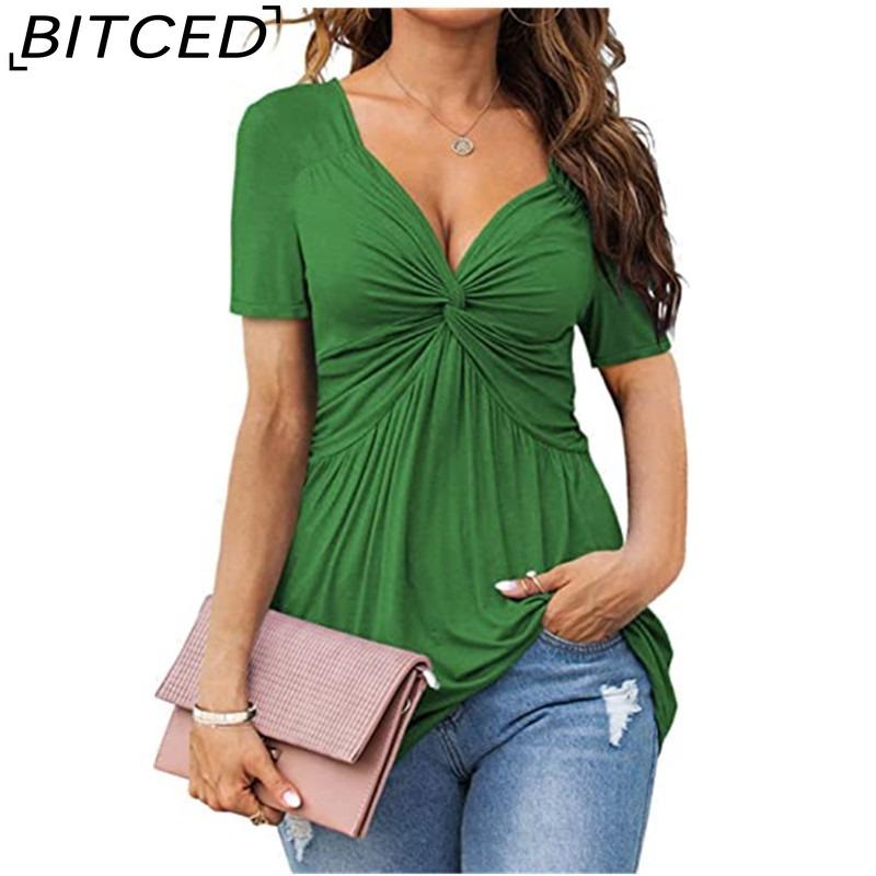 BITCED Women's V-Neck Front-Twist Short-Sleeved Elegant Casual T-Shirt Solid-Colour Pullover Top