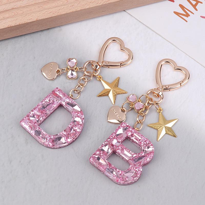 Cute  Bling Keychain A To Z Initial Letter Love Heart Star Pink For Women Girls Bag Cup Pendant Key Chain Accessories