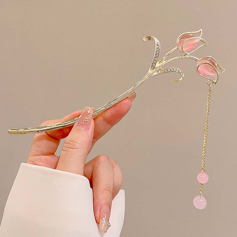 Vintage Chinese Style Pink Flower Hair Sticks For Women Elegant Crystal Tassel Hairpins Hair Buns Hanfu Headwear  Hair Ornaments