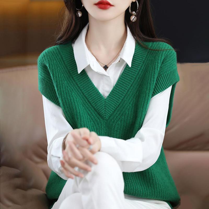 Dzianinowa kamizelka damska z dekoltem w szpic, jednokolorowa, luźna bluza, wygodne, ciepłe, wszechstronne, dzianinowe bluzki bez rękawów