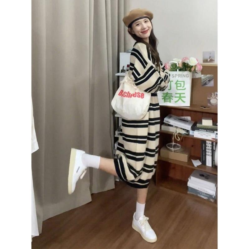 Milk literary girl casual chic long-sleeved black and white striped dress niche design high-end dress