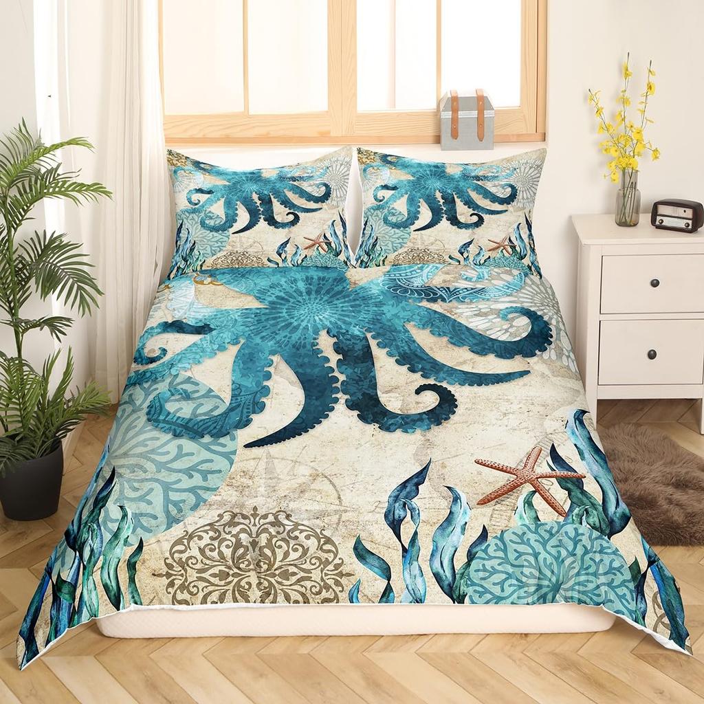 Erosebridal Mermaid Tail Comforter Cover,Kids Fish Scales Duvet Cover Twin,Girly Shell Starfish Bedding Set Ocean Life Sea Animal Bed Sets P