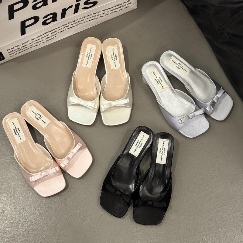 Premium casual French evening breeze square head bow one-word slippers women's spring new outer wear with skirt cool slippers