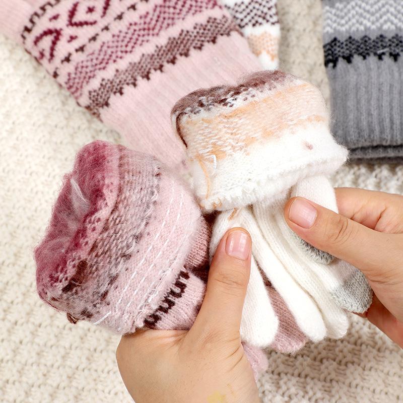 Winter Double layer Thickened Knitted Gloves Plus Velvet Men and Women Warm Gloves Cycling Contrasting Striped Windproof Touch Screen Gloves