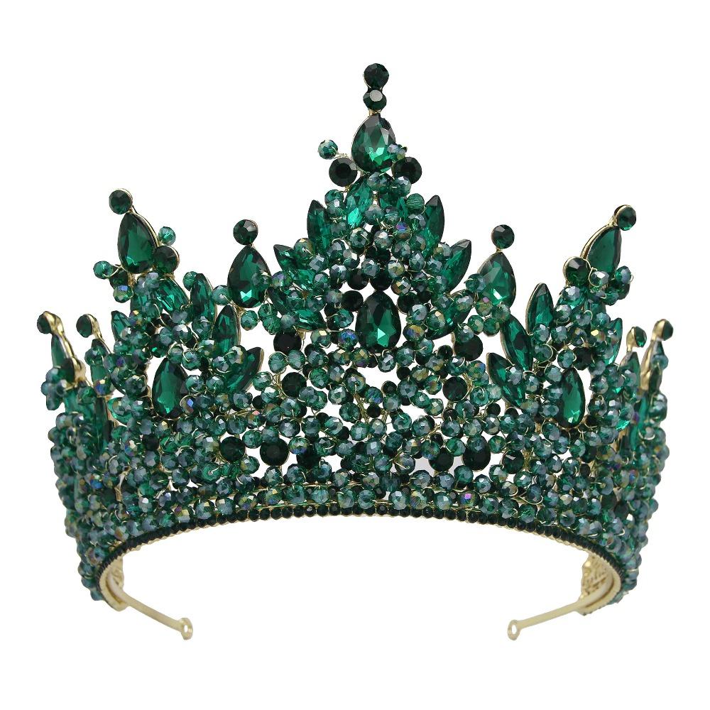 Luxury Oversized Baroque Crown Cake Decorations Electroplated Rhinestone Bridal Crowns Sparkling Headpieces Queen Princess Tiara зелёный