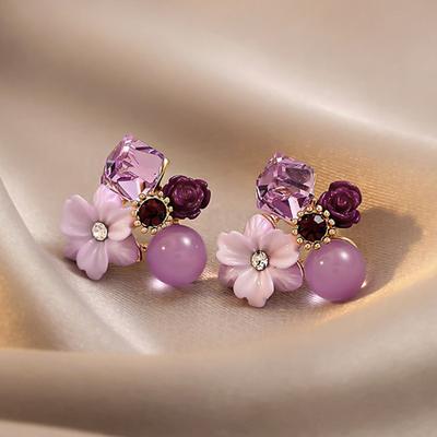 1 Paar exquisite charmante Frauen Ohrringe Geschenk Strass lila Blume Ohrstecker Schmuck Zubehör
