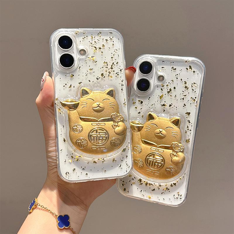 

Gold Foil Epoxy Lucky Cat Mobile Phone Case Is Suitable For Apple 17Promax New Year S Iphone16 Happy 15 iPhone 7/8/SE 2020