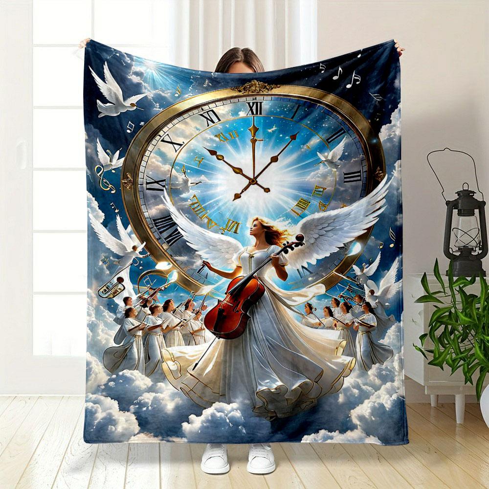 Angel Choir Clock Print Blanket Printed Blanket for Living Room Bed Couch lunch break Soft Cozy Blanket for Friend's festival Gift