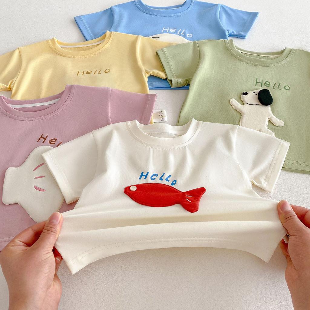 Kids Cartoon Patch T Shirt 3D Elephant Print Summer Short Sleeve Top Boys Girls Lightweight Base Shirt