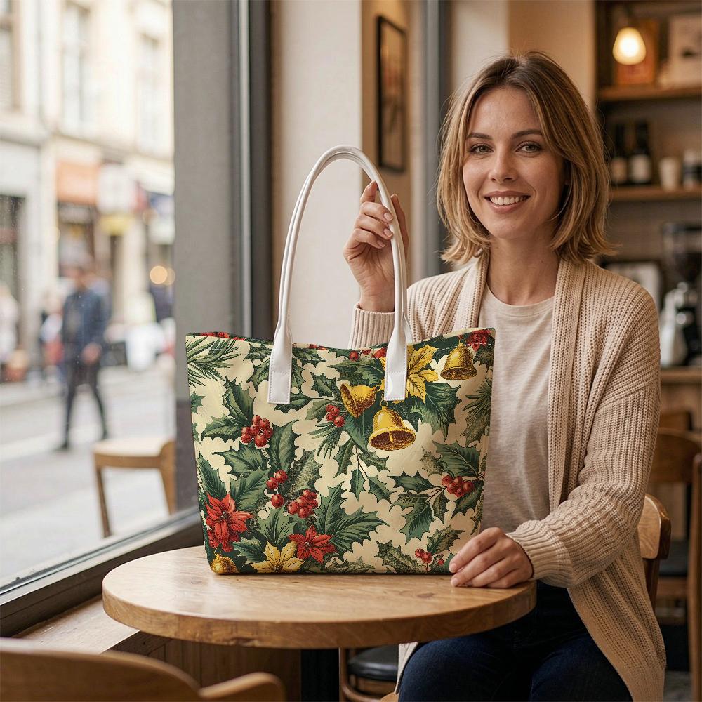 Christmas Holly Bell Printed Tote Bag Fashion Portable Daily Carry Handbag