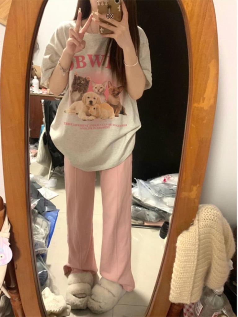 Women's Oversized Gray Casual T-Shirt - Short-Sleeve Retro Hong Kong Style for Summer