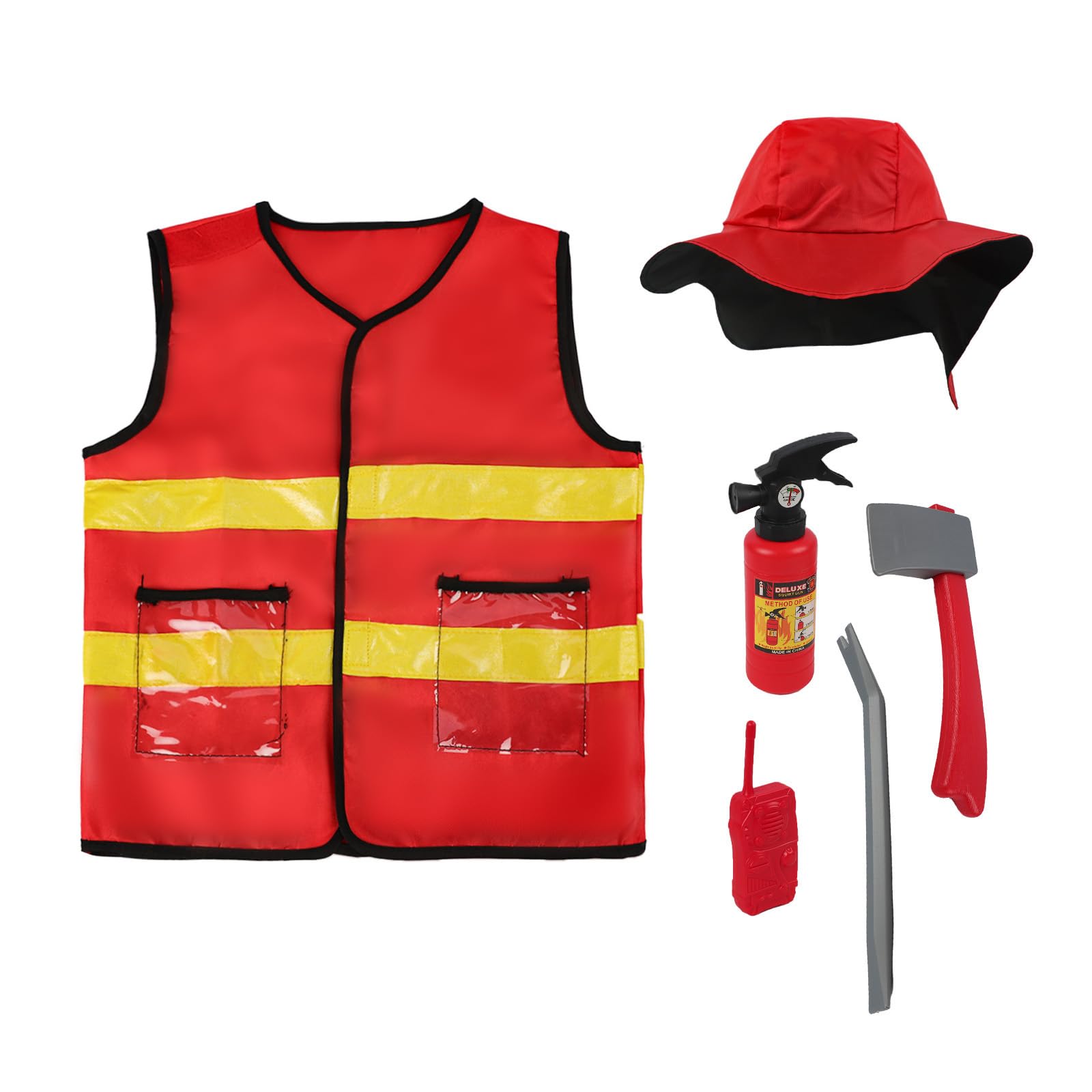 [Bao Core] Firefighter Costume for Kids - Halloween Outfit - Firefighter Uniform, Vest, Hat, Firefighting Equipment - 6-Piece Set - Kids Costume -