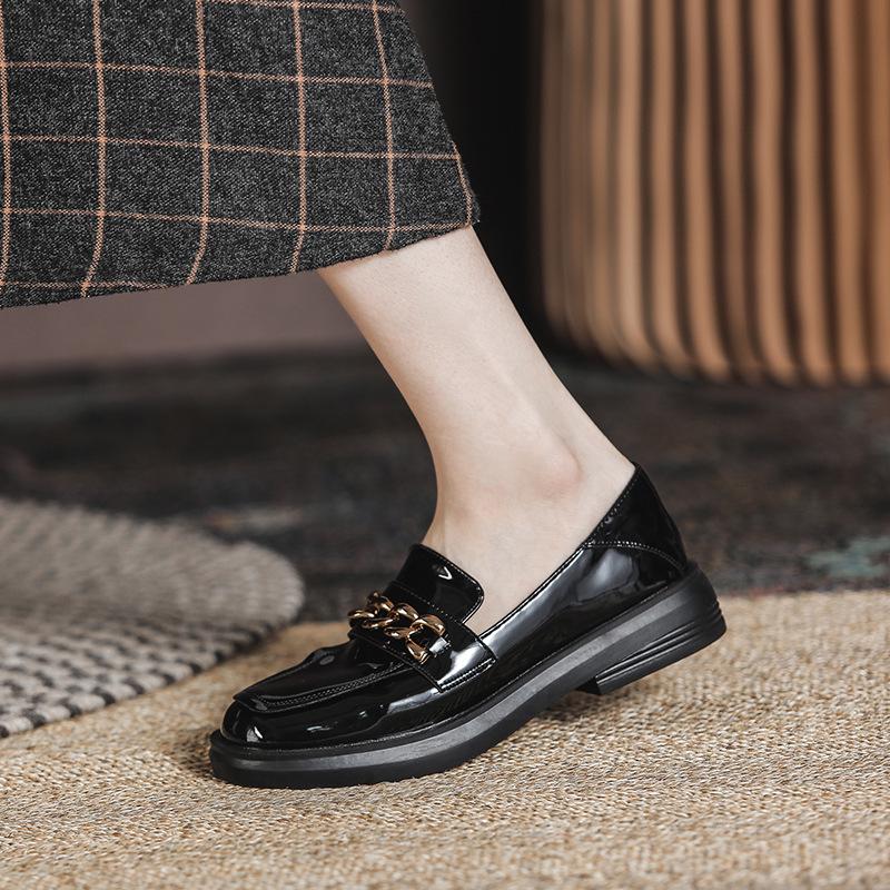 2021 New Women's JK British Style Black Leather Loafers - Square Toe, Thick Soles and Heels, Plus Velvet, Flat Design