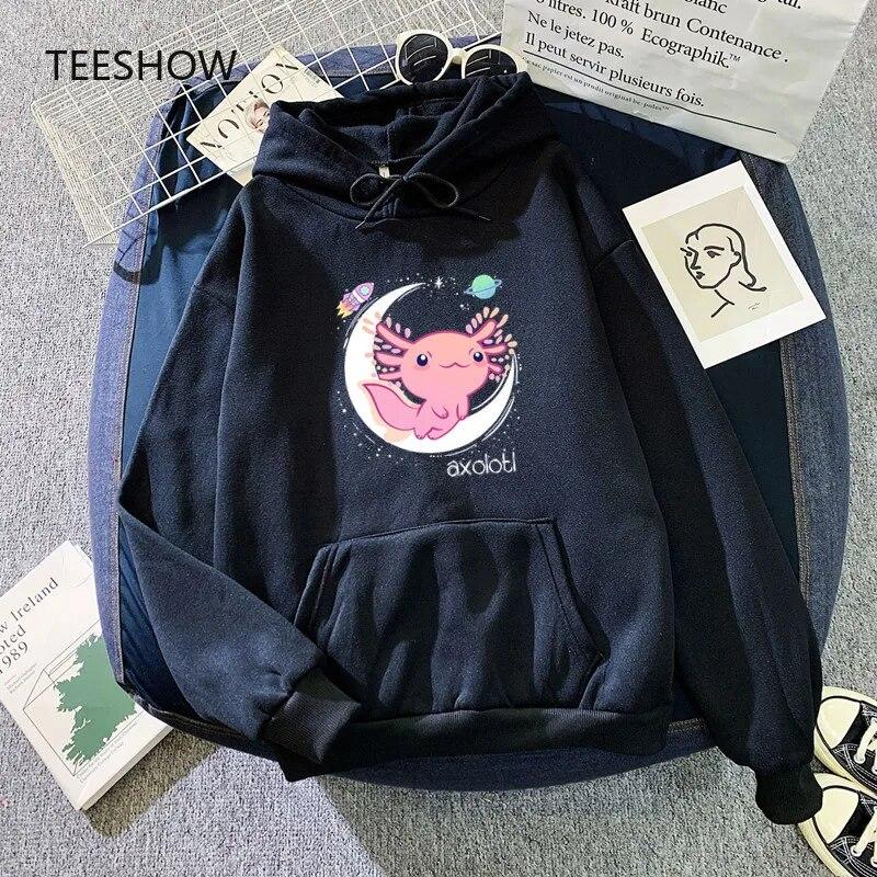 Space Axolotl Kawaii Hoodies Pastel Goth Japan Anime Comic WoUnisex Hoody Hooded Sweatshirt Fleece Warm Streetwear Unisex Clothes