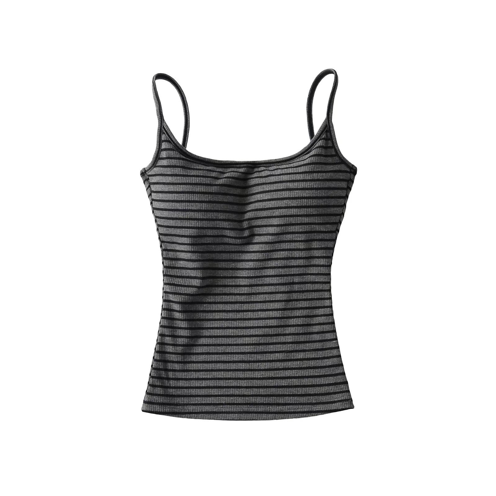 

Гонконгский ретро-шик полосатый топ-майка для женщин - прилегающий крой, модный жилет для весны/лета Small темно-серого