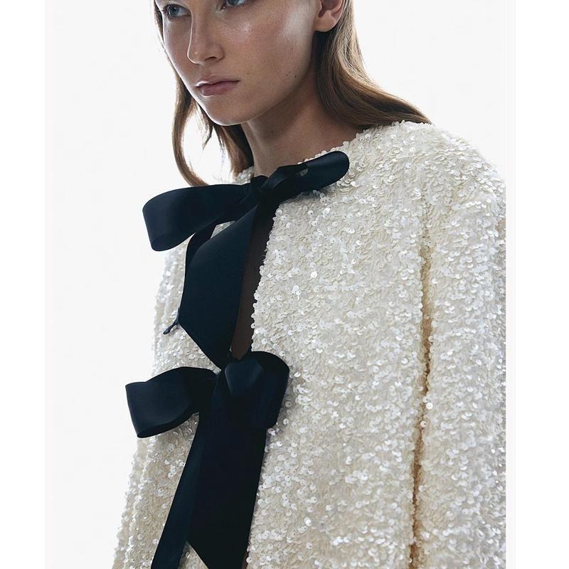 Fall and Winter New Women's Clothing Fashion Style Round Neck Long Sleeve Bowknot Lace Accessories Sequin Outwear 1258249