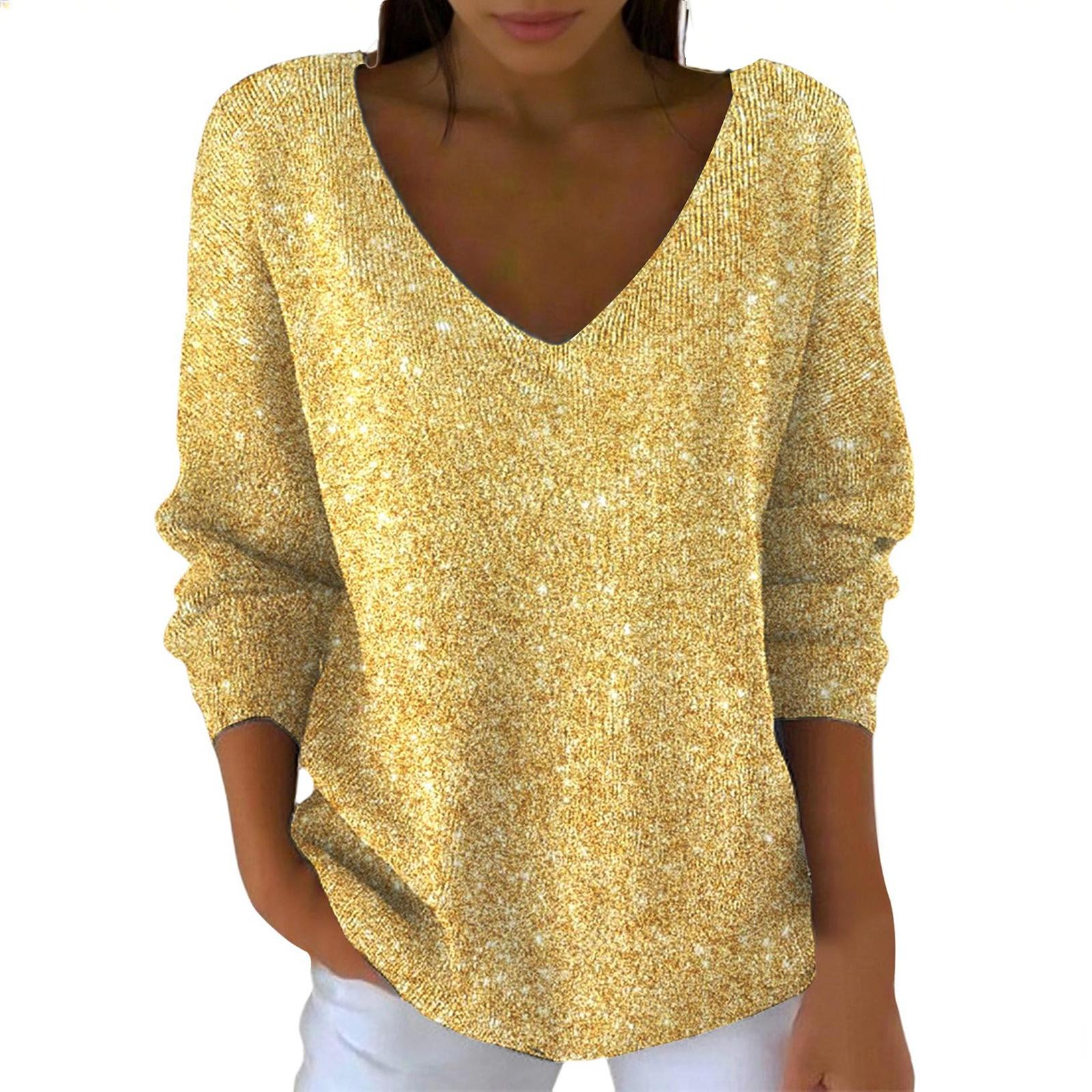 

Women s Casual Daily Long-Sleeved V-Neck Faux Sweater Knitted Pullover Top With Sequins L жовтий