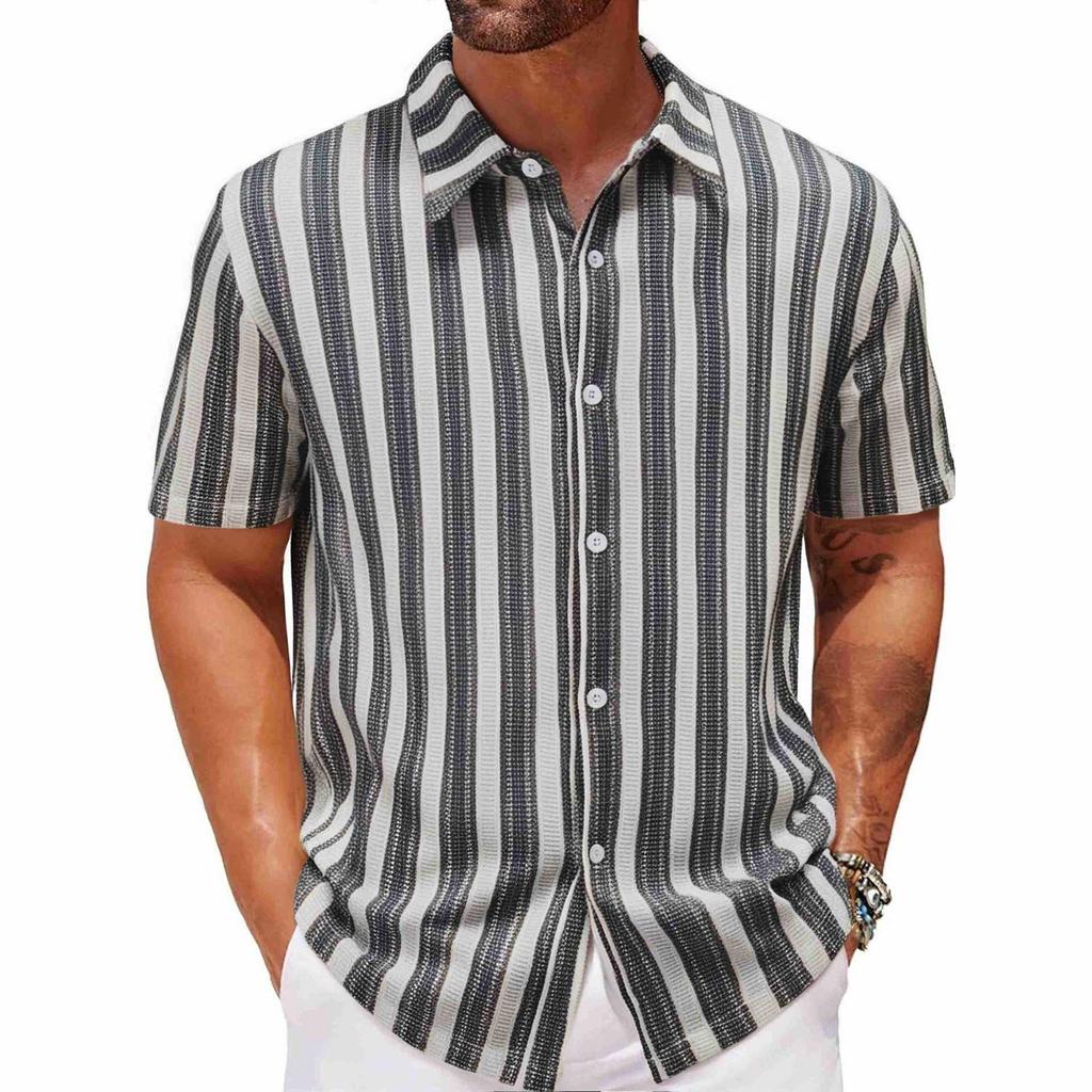 Men's Summer Beach Casual Shirt Yarn-dyed Striped Short-sleeved Lapel Shirt