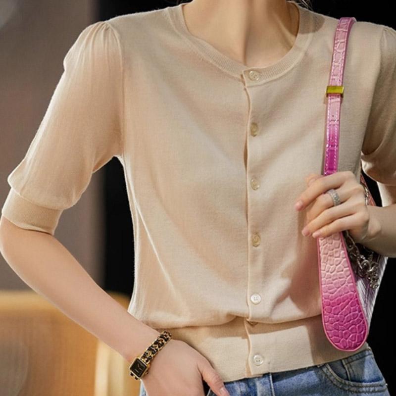 

Женские свитера, кардиганы, лето 2025, короткий рукав, О-образный вырез, черный вязаный свитер, женские топы, кардиган JJ135 One Size абрикосовый