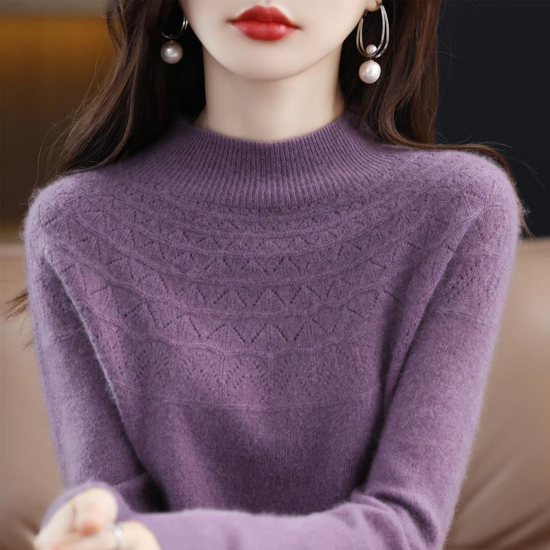 Women's Slimming 100% Wool Half-High Neck Sweater, Seamless Cashmere Knit Base Layer, Autumn Winter Loose Top with Hollow-Out Design