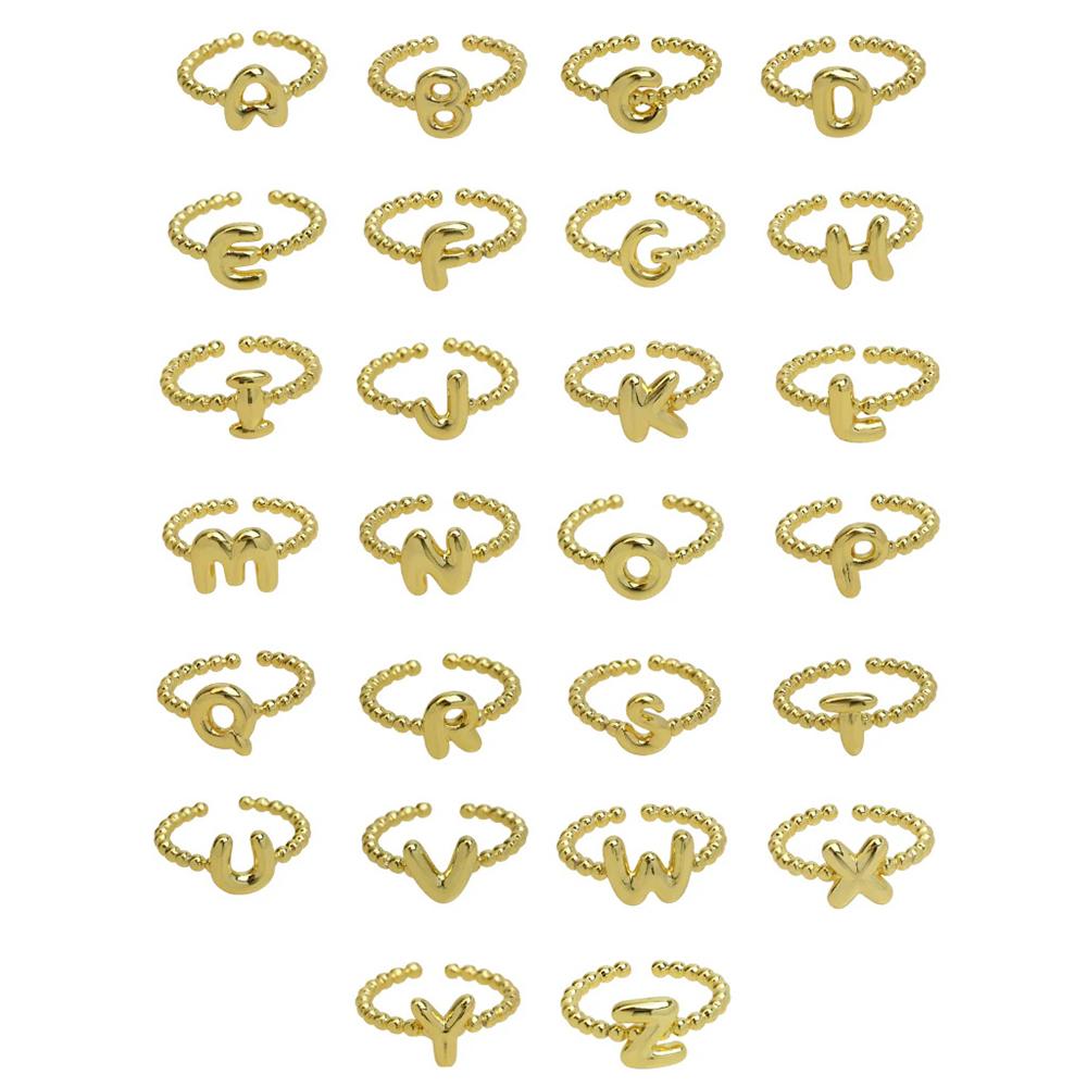 

Dainty Gold Color Balloon Bubble Tiny Initial Letter Opening Ring Stackable A-Z Alphabet Beaded Finger Zircon for Women A